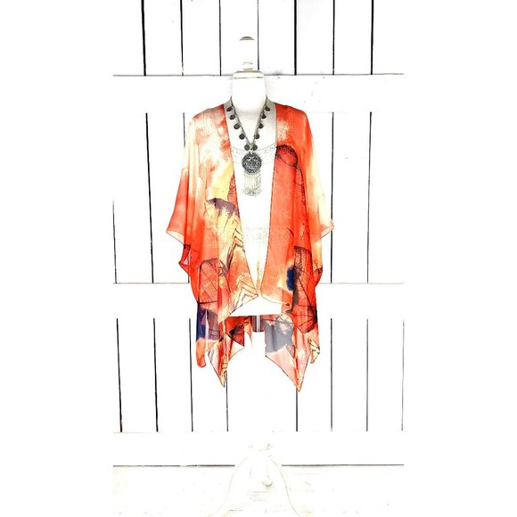 Orange leaf print lightweight chiffon kimono cover up - Picture 1 of 5